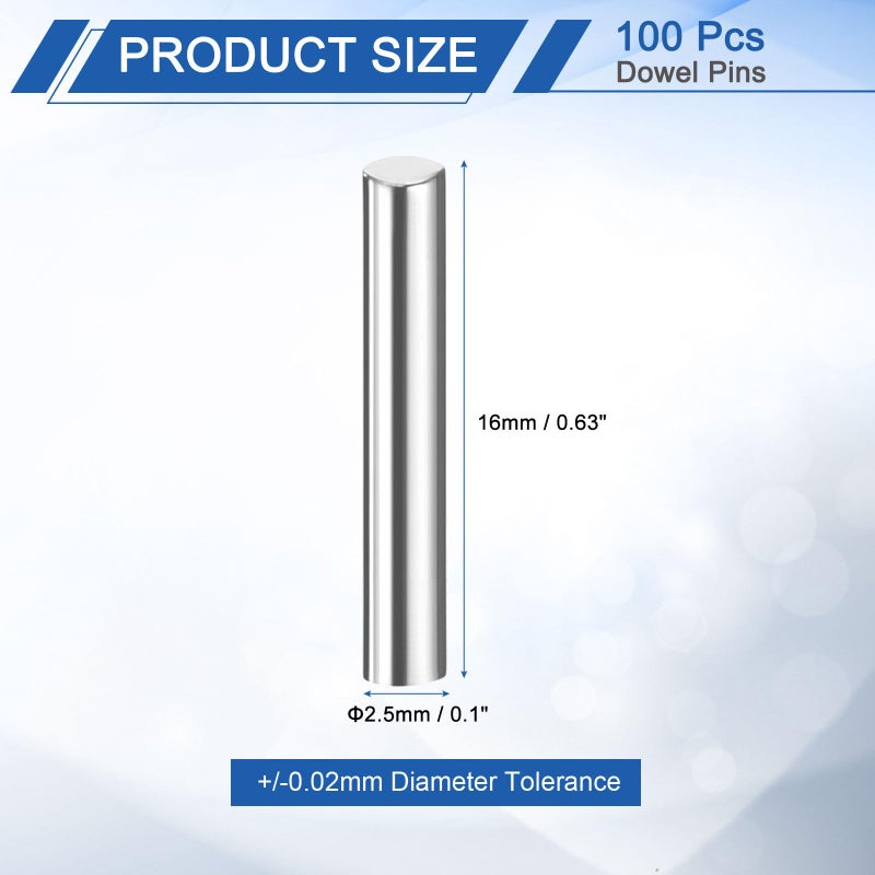uxcell 100 Pcs 2.5mm x 16mm Dowel Pins Bearing Steel Cylindrical Dowel Pins Shelf Support Peg Pin Rod Fasten Elements Metal Shelf Pegs +/-0.02mm Diameter Tolerance, Silver Tone - Image 2